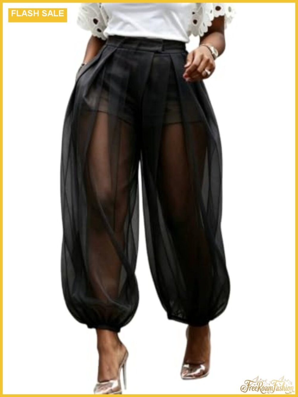 Women Mesh Pleated Wide Leg Barrel Chiffon Pants High Rise